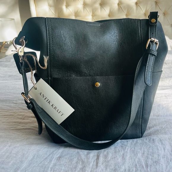 Antik Kraft Handbags - Antik Kraft NWT Vegan Leather Olive Green side pocket shoulder bag large capacit